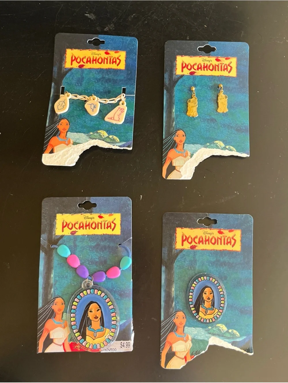 vintage 90s NEW Pocahontas (4) piece jewelry set -necklace,pin,bracelet,earrings
